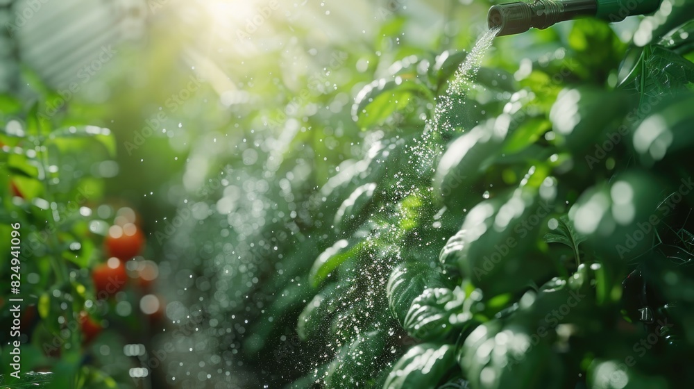 Irrigation System Watering Lush Green Garden Under Sunlight Irrigation System Watering Lush Green Garden Under Sunlight