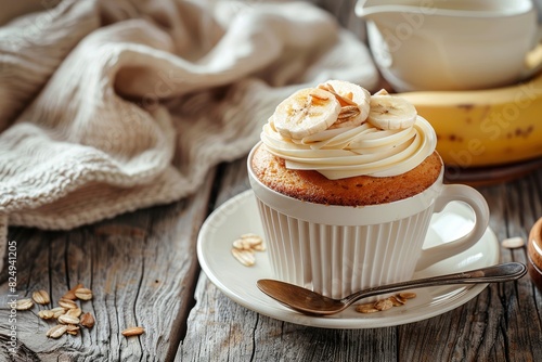 Vintage Banana cupcake in white ceramic cup and spoon with beautiful tea of cup on vintage background selective focus copy space - generative ai