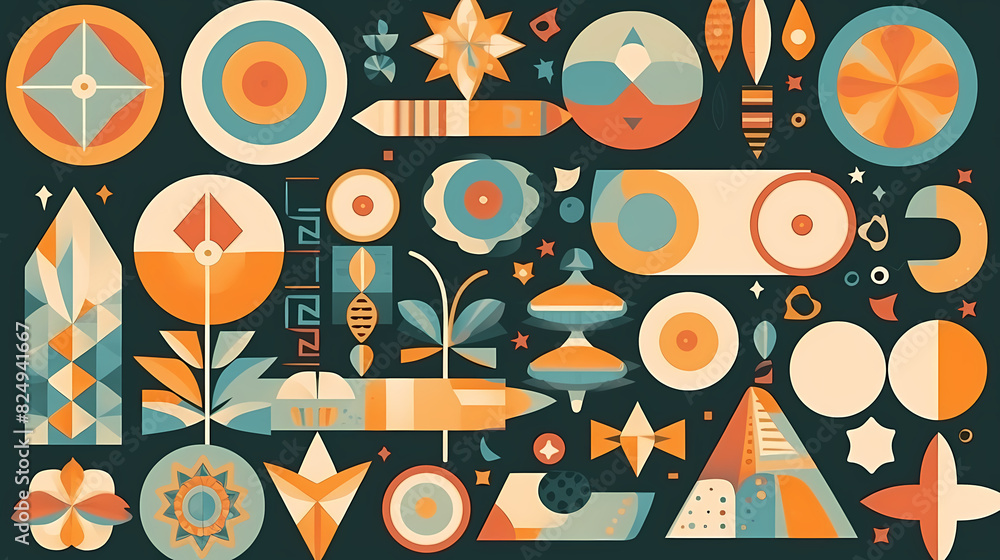Set of abstract retro geometric shapes vector. Collection of contemporary figure, sparkle, arrow, flower in 70s groovy style Set of abstract retro geometric shapes vector. Collection of contemporary figure, sparkle, arrow, flower in 70s groovy style