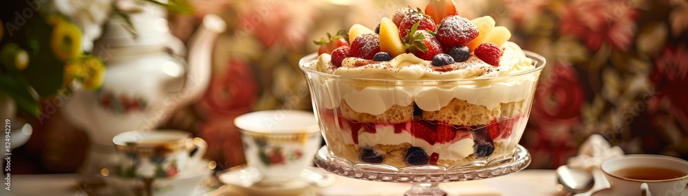 English trifle, layers of sponge, fruit, custard, and cream, tall glass bowl, elegant afternoon tea setting, softfocus background with floral patterns English trifle, layers of sponge, fruit, custard, and cream, tall glass bowl, elegant afternoon tea setting, softfocus background with floral patterns