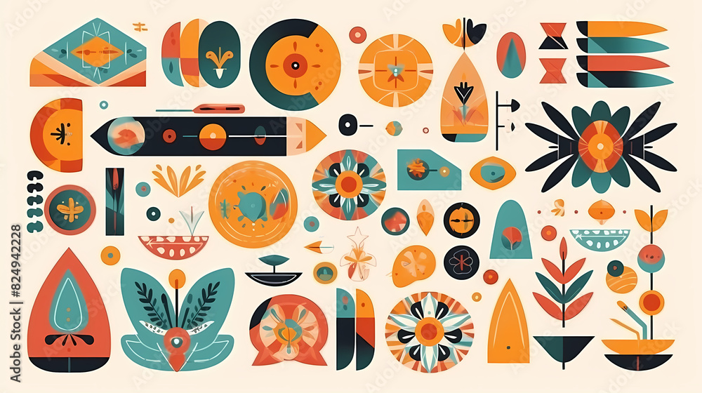 Set of abstract retro geometric shapes vector. Collection of contemporary figure, sparkle, arrow, flower in 70s groovy style Set of abstract retro geometric shapes vector. Collection of contemporary figure, sparkle, arrow, flower in 70s groovy style