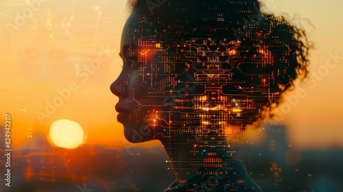 A striking double exposure photograph of a silhouette overlaid with technological circuitry, shot with an 85mm F1.2 lens, and meticulously edited in LR+PS to create a seamless blend of human and #824942207