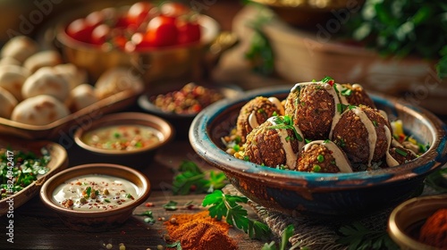 Falafel balls, deepfried and served with tahini sauce, colorful Middle Eastern bazaar photo