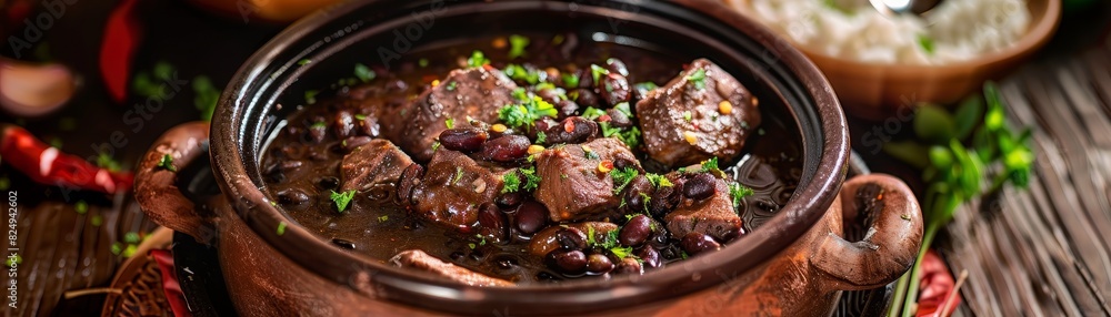 Feijoada, Brazilian black bean stew with pork, served in a clay pot, lively festival in Rio de Janeiro Feijoada, Brazilian black bean stew with pork, served in a clay pot, lively festival in Rio de Janeiro