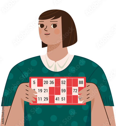 Illustration d'un personnage qui tient un carton de loto dans ses mains, gagnant de la tombola grâce au tirage des bons numéros, femme Asiatique aux cheveux bruns avec un sourire