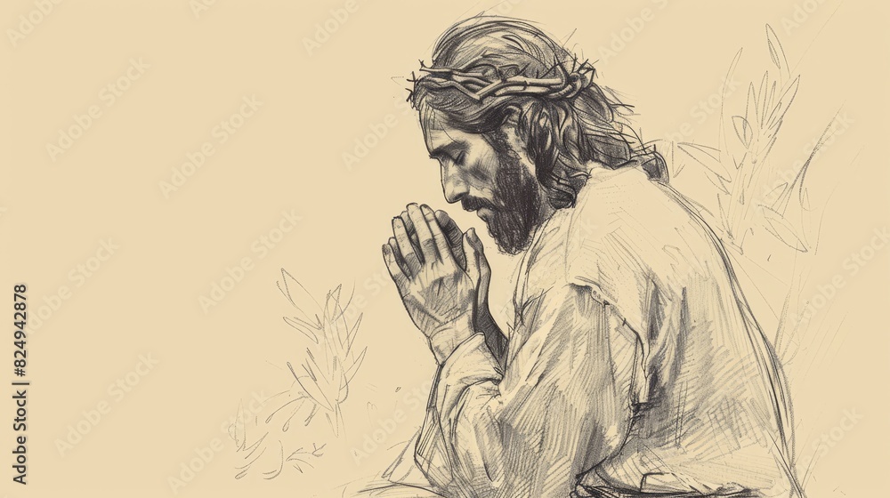 Fototapeta premium Jesus' Prayer in Gethsemane, Biblical Illustration of Devotion, Perfect for Religious Stock Photos