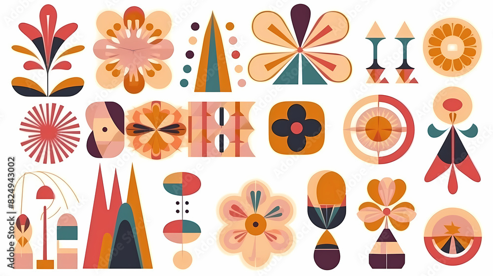 Set of abstract retro geometric shapes vector. Collection of contemporary figure, sparkle, arrow, flower in 70s groovy style Set of abstract retro geometric shapes vector. Collection of contemporary figure, sparkle, arrow, flower in 70s groovy style