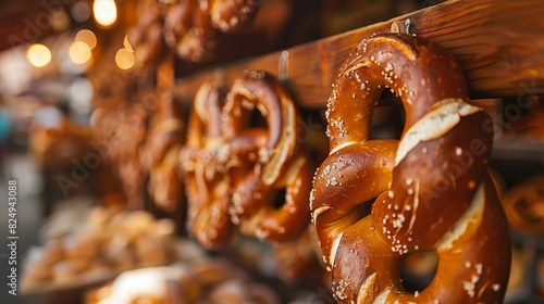 Freshly baked German pretzels hanging on a wooden stand, closeup, detailed texture of the crust, blurred Bavarian beer garden in the background photo