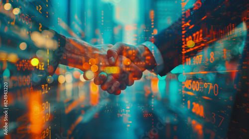 A creative double exposure shot combining a close-up of a business handshake with abstract financial charts  taken using a 35mm F1.2 lens  with refined details and vibrant colors processed in LR PS 