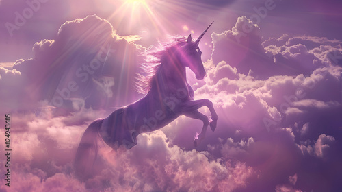Purple magic unnicorn in the cloudy sky