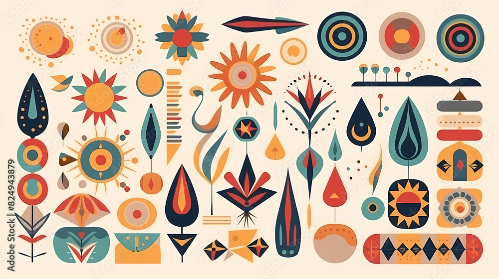 Fototapeta premium Set of abstract retro geometric shapes vector. Collection of contemporary figure, sparkle, arrow, flower in 70s groovy style