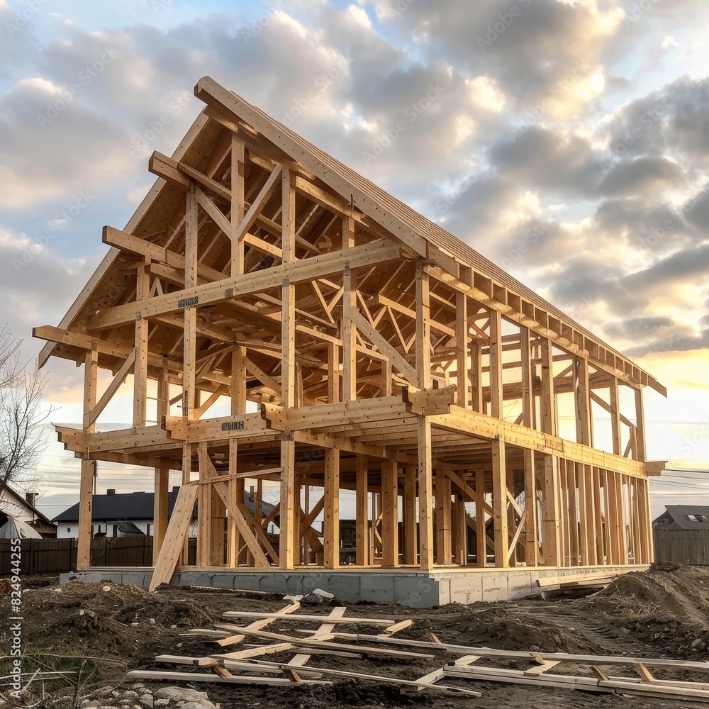 Fototapeta premium Wooden frame construction with truss, post, and beams in progress for new wood house manufacturing