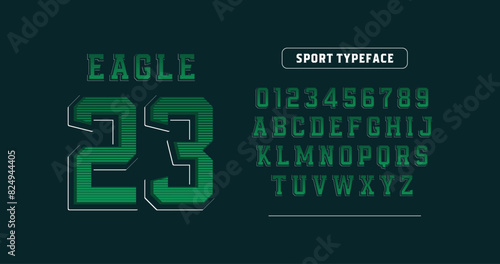 Varsity Style Jersey Design: Eagle 23. Classic varsity look with green hues. Includes digits 0-9 and uppercase letters A-Z. Perfect for custom sports jerseys and team apparel.