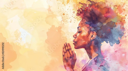 abstract illustration of african american woman praying with clasped hands watercolor banner