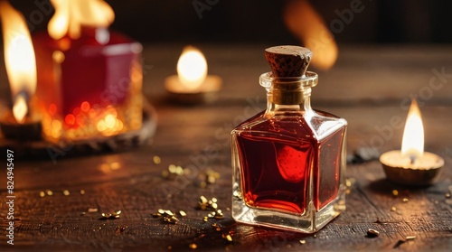 Enchanting Vermillion Elixir: A Golden-Adorned Alchemy on Ancient Wood photo