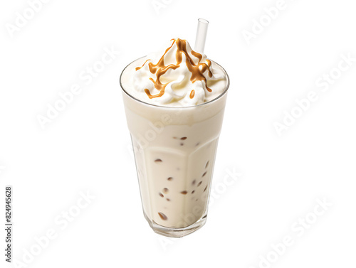a glass of milkshake with whipped cream and caramel sauce