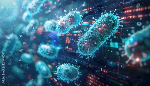 Bacteria infecting a computer system, Glowing Wireframe, SciFi Style, Dark Background, Illustration, Highlighting cyber infections photo