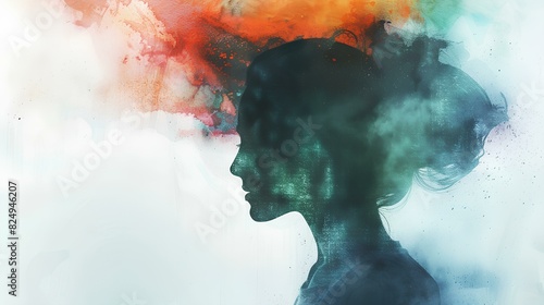 A powerful image of a woman's silhouette, portraying the weight of mental health disorder, merged with expressive watercolor elements, captured in high definition.