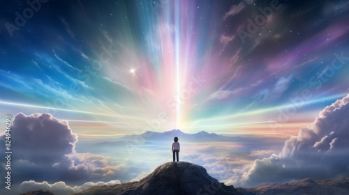 A child on a mountaintop under a sky blue and pink sky, a giant rainbow glowing, ethereal lighting, wideangle, magical fantasy style © Naraksad