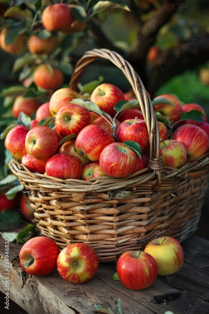 Lush apple orchard in bloom, trees laden with fruit, vibrant basket filled with assorted apples Lush apple orchard in bloom, trees laden with fruit, vibrant basket filled with assorted apples