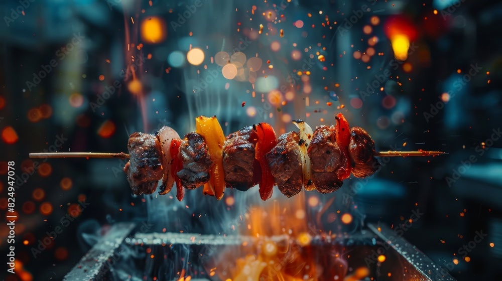 Kebab, grilled meat with vegetables on a skewer, vibrant Istanbul street at night Kebab, grilled meat with vegetables on a skewer, vibrant Istanbul street at night