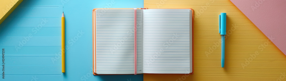 Colorful flat lay with open notebook, pencil, blue pen, and vibrant background. Perfect for productivity, creativity, and writing themes. Colorful flat lay with open notebook, pencil, blue pen, and vibrant background. Perfect for productivity, creativity, and writing themes.