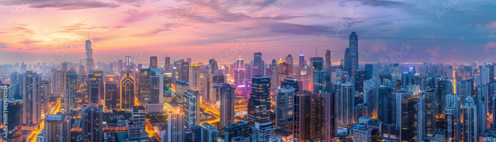 A panoramic view of a bustling city skyline at twilight A panoramic view of a bustling city skyline at twilight