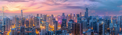 A panoramic view of a bustling city skyline at twilight photo