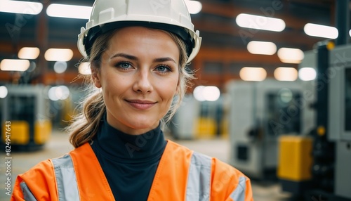 Close up of a smiling female professional heavy industry worker wearing safety uniform against manufacture warehouse © schiers_images