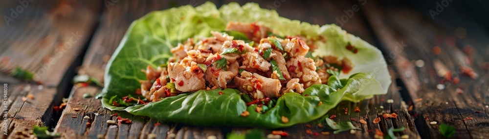 Larb gai, spicy minced chicken salad, served in a lettuce wrap, rustic wooden table, soft sunset lighting Larb gai, spicy minced chicken salad, served in a lettuce wrap, rustic wooden table, soft sunset lighting