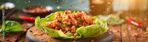 Larb gai, spicy minced chicken salad, served in a lettuce wrap, rustic wooden table, soft sunset lighting photo