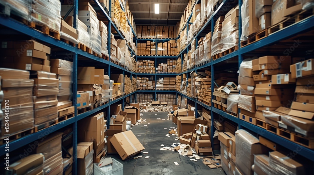 Fototapeta premium The expansive warehouse is packed with numerous boxes and shelves