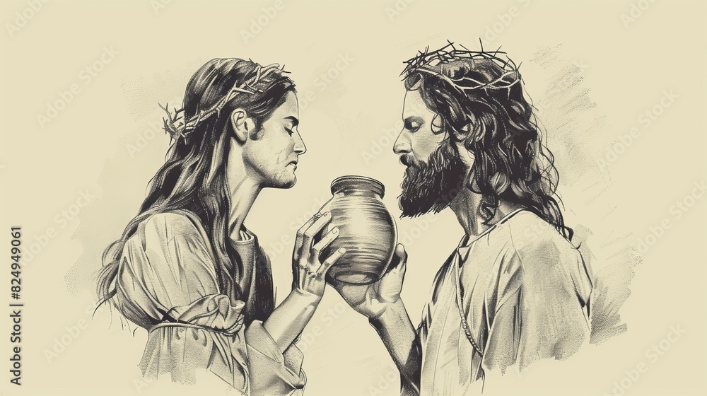 Jesus' Encounter with the Woman and Alabaster Jar, Biblical Illustration of Devotion, Perfect for Religious Stock Photos Jesus' Encounter with the Woman and Alabaster Jar, Biblical Illustration of Devotion, Perfect for Religious Stock Photos
