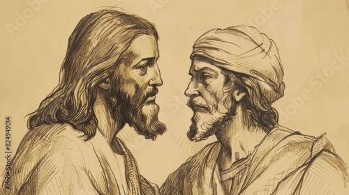 Jesus' Encounter with the Rich Young Ruler, Biblical Illustration of Salvation, Perfect for Religious Stock Photos