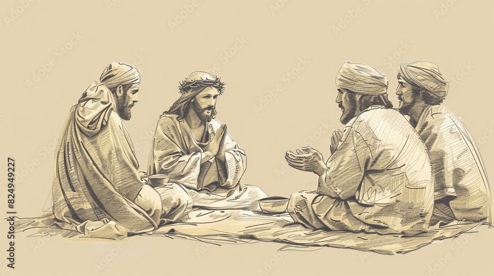 Fototapeta premium Jesus' Lesson on the Lord’s Prayer, Biblical Illustration of Devotion, Perfect for Religious Stock Photos