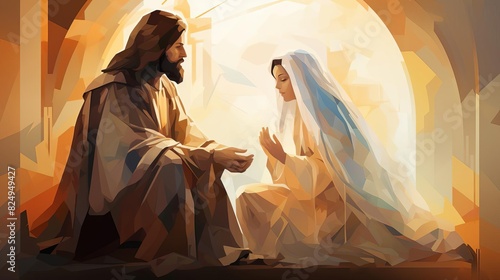 Jesus is kneeling before Mary in the church She is sitting on an armchair with her head raised towards him and Jesuss hand touches his forehead The style is flat design with a whit photo
