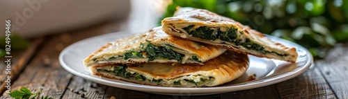 Moldovan placinte, stuffed with cheese and greens, stacked on a white ceramic plate, small kitchen table, window light highlighting the flaky texture photo