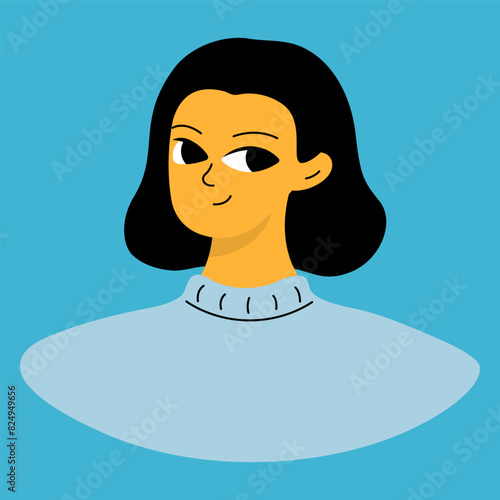 Positive emotions concept. Cartoon cute girlish face. Woman with happy smile. Isolated vector character.