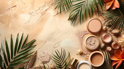 A wide banner with a sandy background showcases a collection of makeup essentials such as face powder highlighter lip gloss Foundation and toner There is ample copy space available 