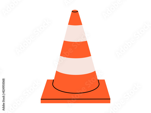 Hand drawn cute cartoon illustration of traffic cone. Flat vector road warning or caution sign in colored doodle style. Attention striped barrier icon. Stop signal. Settings or fix problem. Isolated.