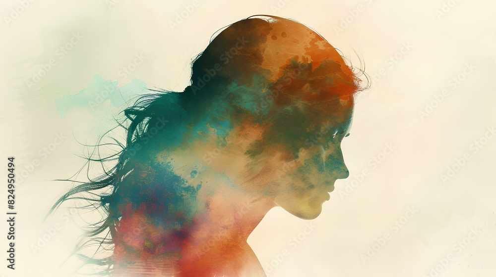 A silhouette photo of a stressed woman overlaid with delicate watercolor strokes, symbolizing the complexities of mental health struggles, in HD clarity.