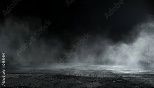 Mysterious Panoramic Fog: Abstract Dark Room Concrete Floor for Product Placement