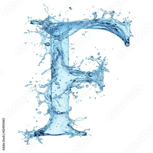 stylized font, text made of water splashes, capital letter F, isolated on white background