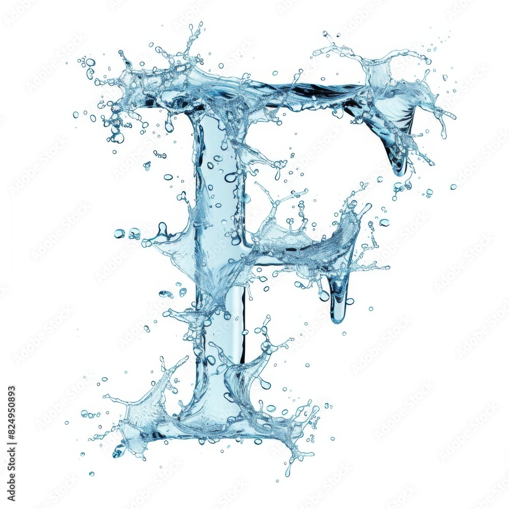 stylized font, text made of water splashes, capital letter F, isolated on white background stylized font, text made of water splashes, capital letter F, isolated on white background