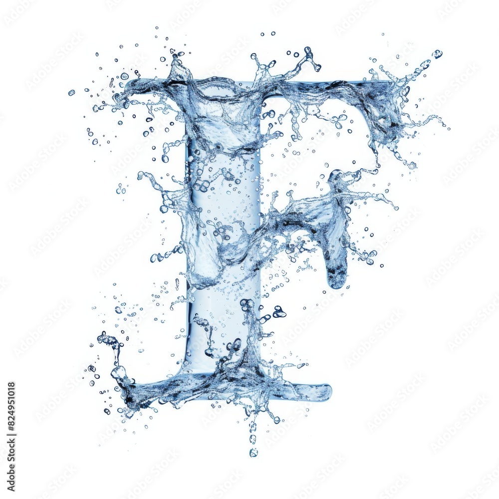 Ice letter F. Aquamarine Latin letter made of water and splash on white background. Letter F water splash alphabet isolated on white. 3D rendering illustration.