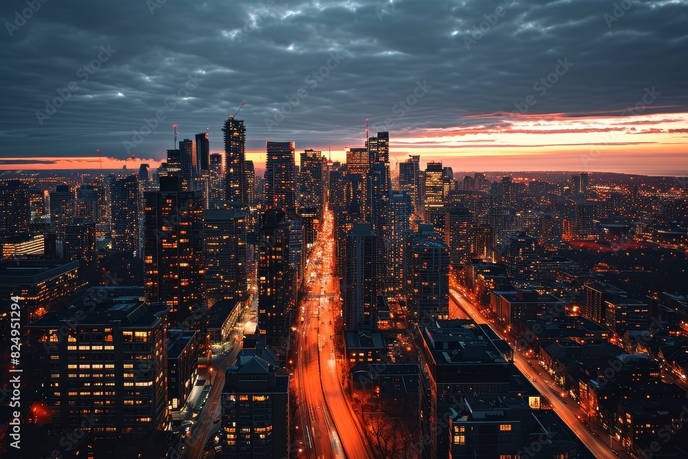 Image showcasing City skyline viewed from a high rise building at night, with ...