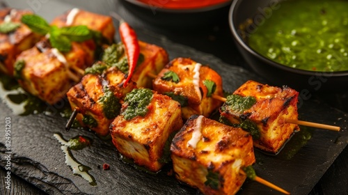 Paneer tikka, marinated and grilled Indian cheese, served with mint chutney, vibrant Delhi eatery