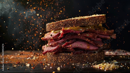Pastrami on rye, piled high with mustard, classic New York deli photo
