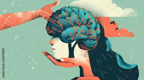 A striking vector illustration showcasing a woman's head and brain with a tree emerging from it, receiving care from a hand, evoking the themes of mental health, illness, brain development
