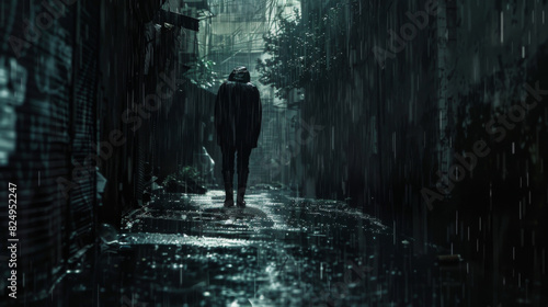 Eye-level angle photo of a lone figure standing in a rain-soaked alley